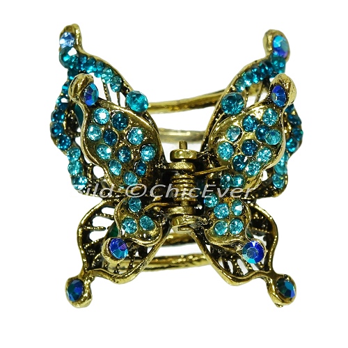 Haargreifer Schmetterling Vintage Haarkneifer Haarklammer Metall & Strass türkis blau gold 5120d - zum Schließen ins Bild klicken